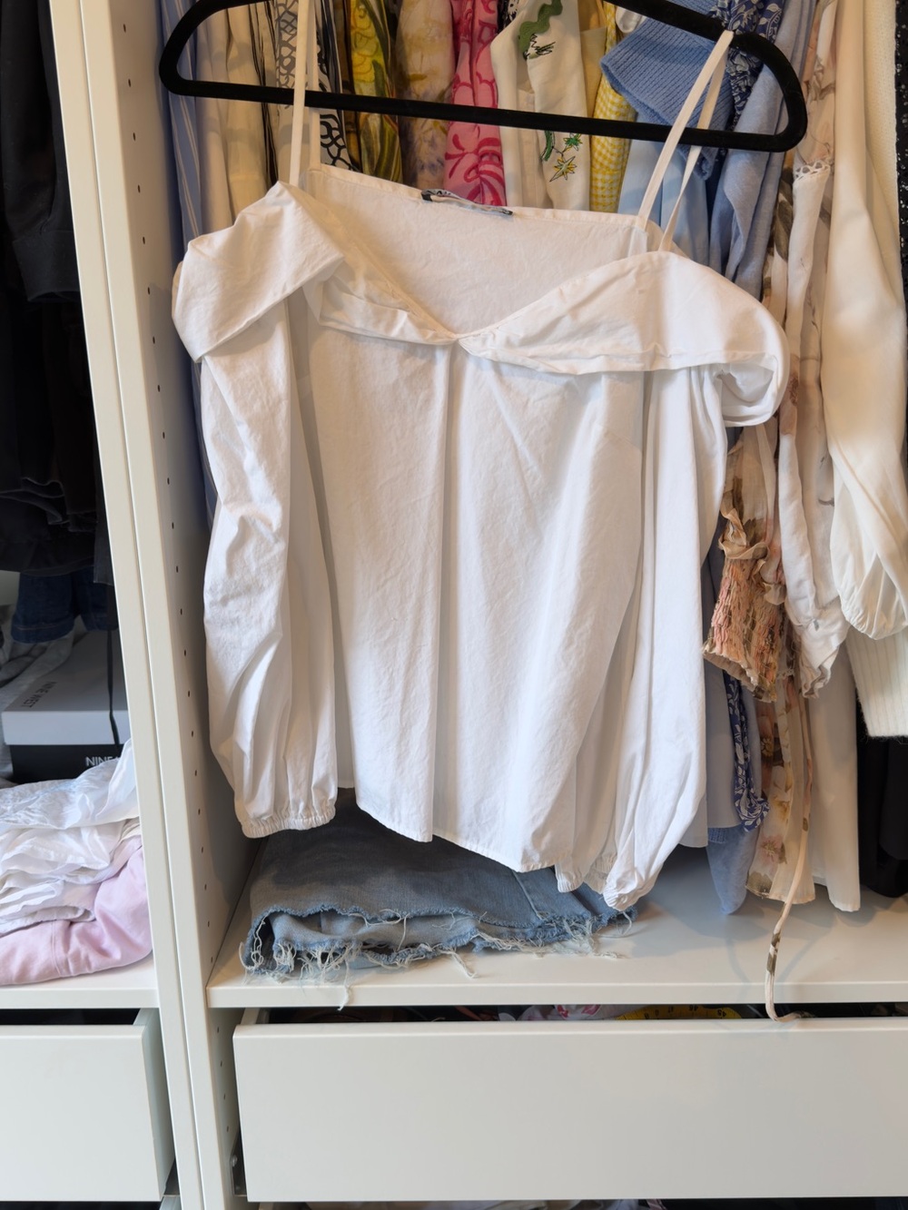 Zara White Off-Shoulder Blouse with Spaghetti Straps